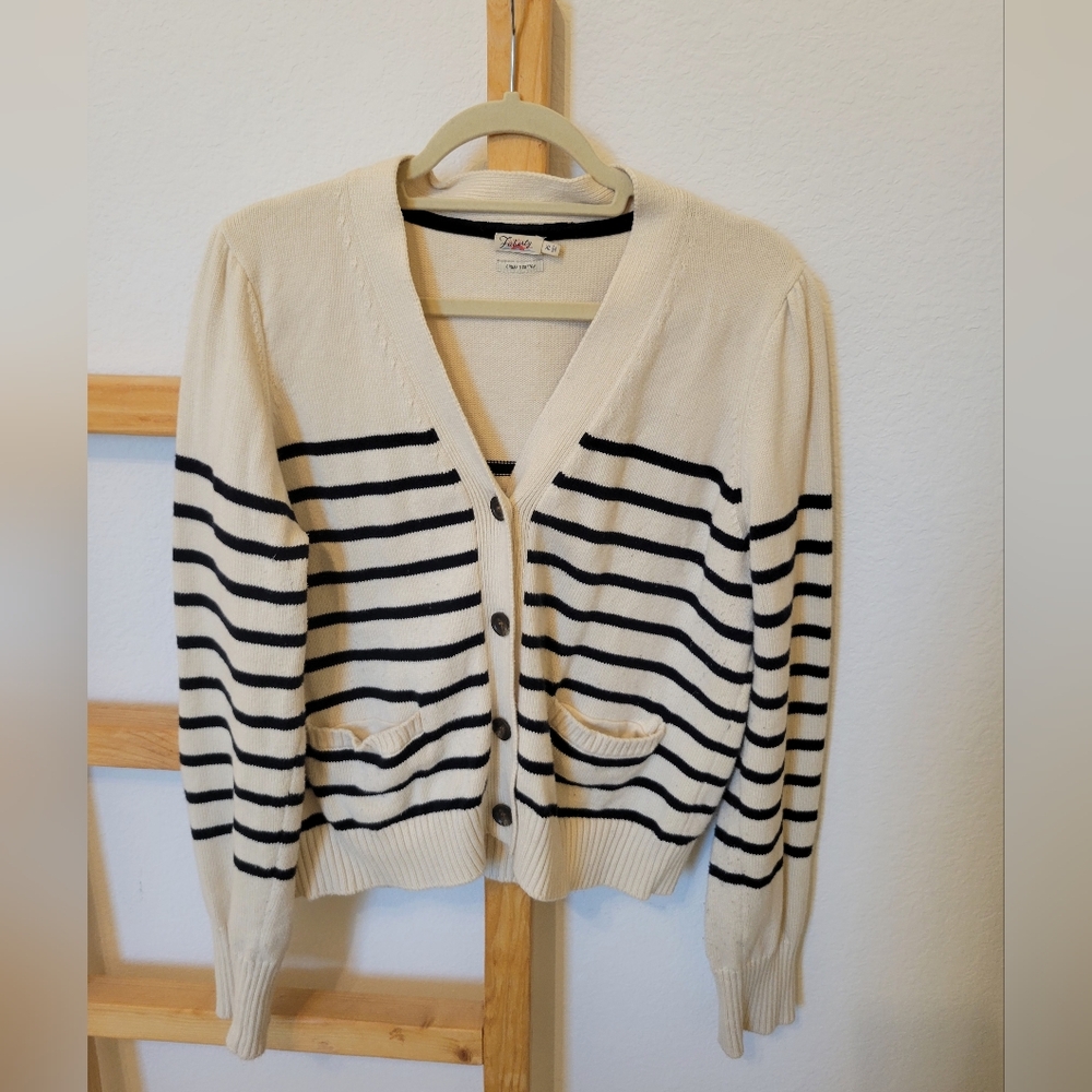 Faherty Cream and Black Striped Button Cardigan